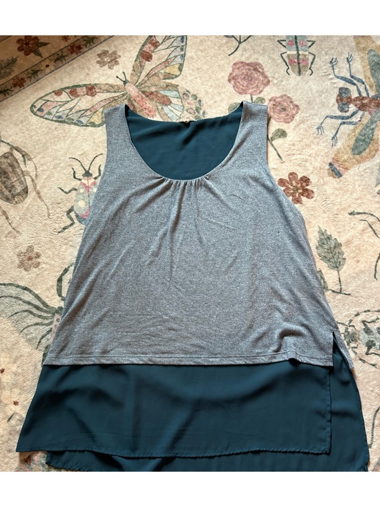 Pleione Tops - Pleione Teal and Grey Layered Tank Blouse